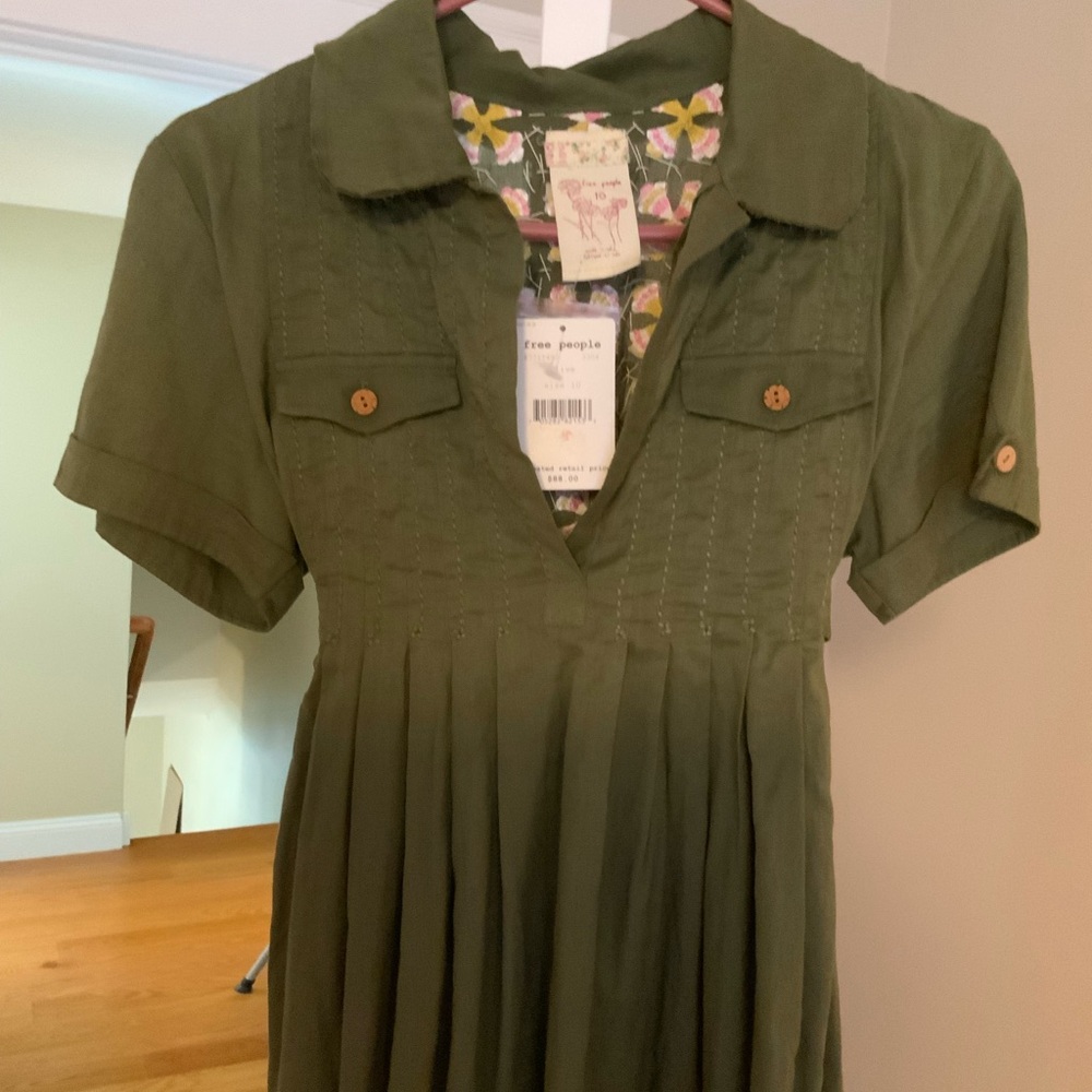 Free People Olive Green Pleated blouse with tie waist